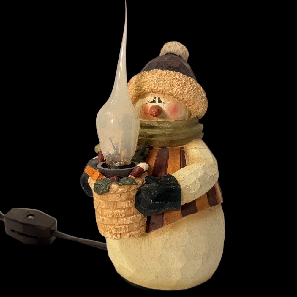 Rustic Snowman Figurine Light Christmas Decor Faux Wood Resin 6.5in Lamp